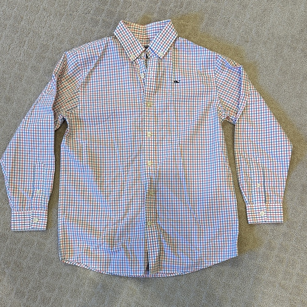 Vineyard Vines coral/Blue tone Plaid Shirt Boy’s M Whale shirt